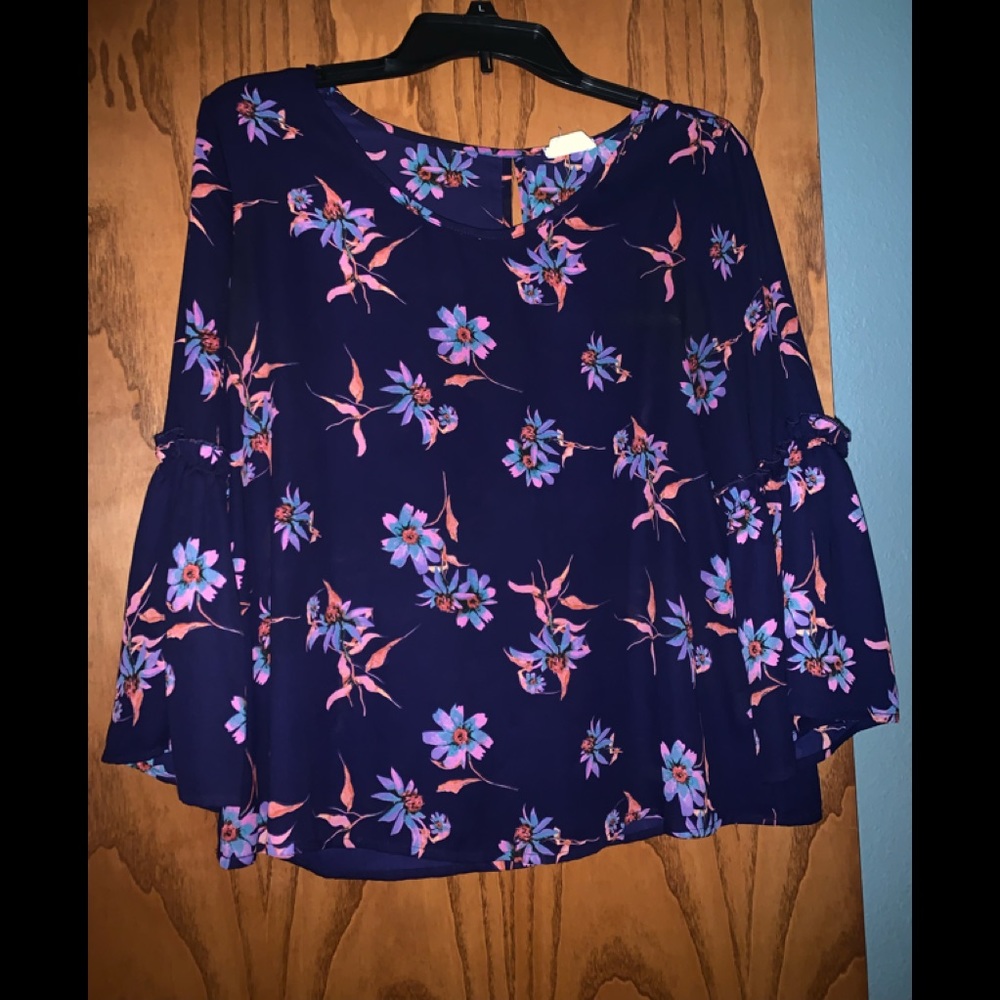 Purple Bell Sleeved Floral Shirt
